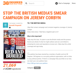 38 degrees petition "stop the British media's smear campaign on Jeremy Corbyn. Political and/or social murder