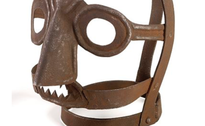 A scold's bridle or 'brank' - torture instrument, now virtually applied to those exposing social murder