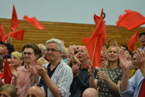 Swansea Corbyn supporters cheering Jeremy at the Swansea rally