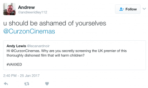 Andy Lewis - private not secret -tweet in campaign preventing private hire of cinema