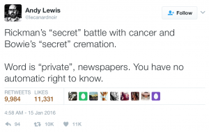Andy Lewis - private not secret tweet contradicted by aggressive campaign preventing private Vaxxed hire of cinema